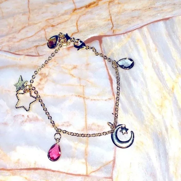 New Victoria Secret gold Ankle Leg bracelet charm Rare stars Moon Crystals